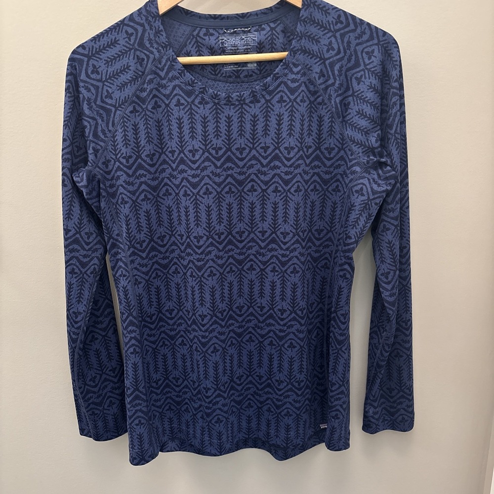 Patagonia Womens Capilene Midweight Crew Baselayer Large Navy Blue Print